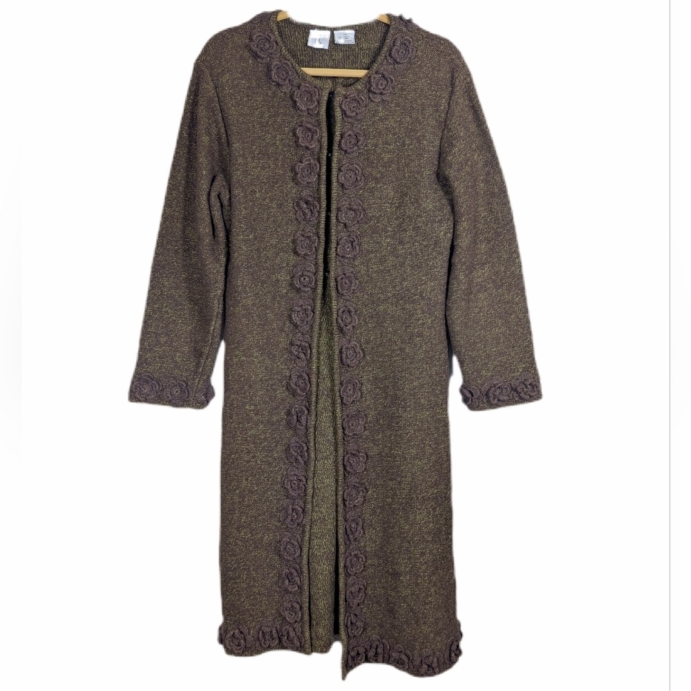 Lele Vtg 90s Granny Chic Embellished Handmade Euro Linen Knit Long Cardigan